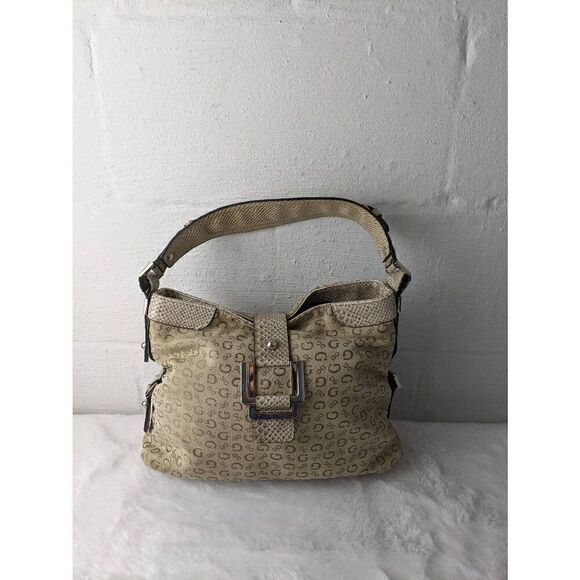 Guess Handbags - Guess vintage Y2K Beige Monogram Shoulder Purse Fabric Bag W Snake‎ Skin Inserts